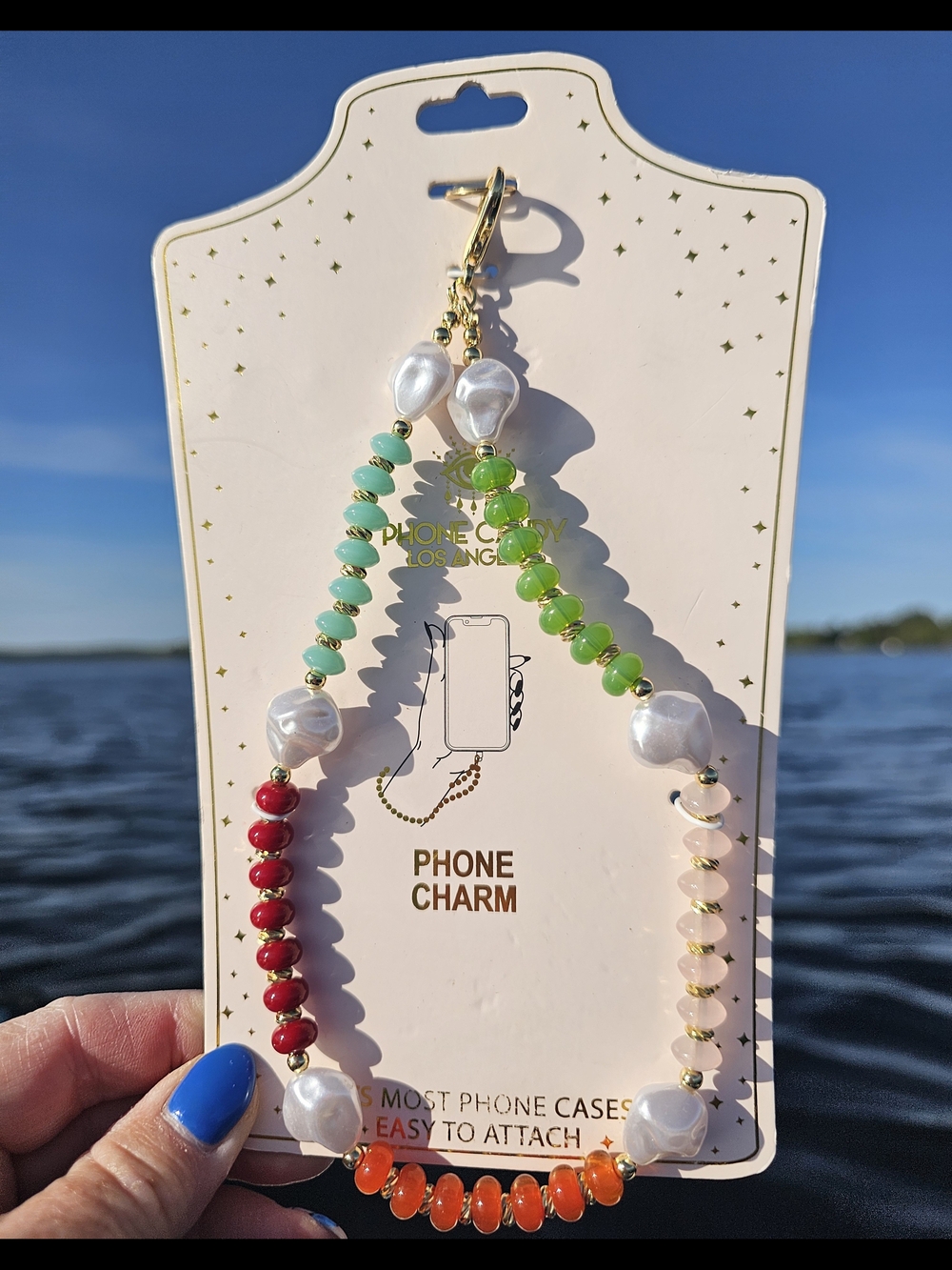 Beaded Phone Charm Strap with Multicolor Gems - Green, Red, Orange, White